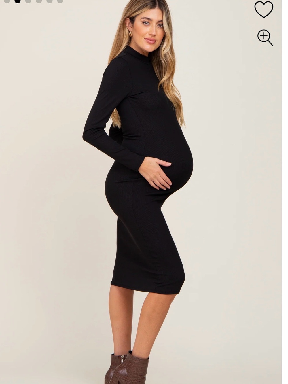 Pink blush Black Ribbed Fitted Mock Neck Long Sleeve Maternity Dress